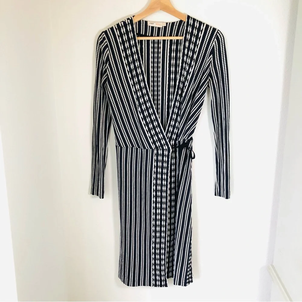 Tory Burch Jacquard Wrap Dress XS Navy Black White Stripe Long Sleeve